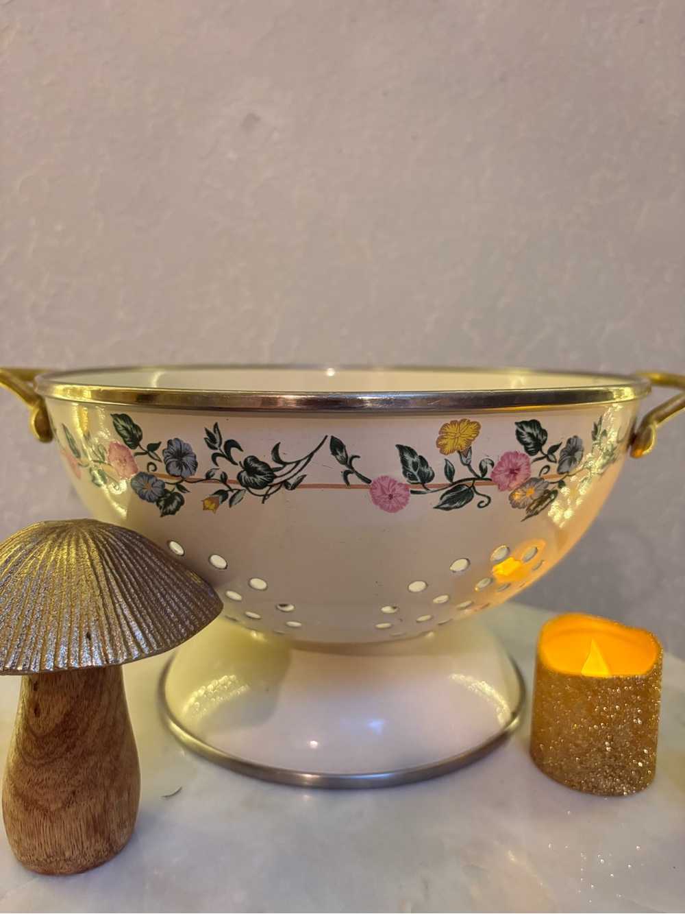 Vintage Floral and Brass Colander